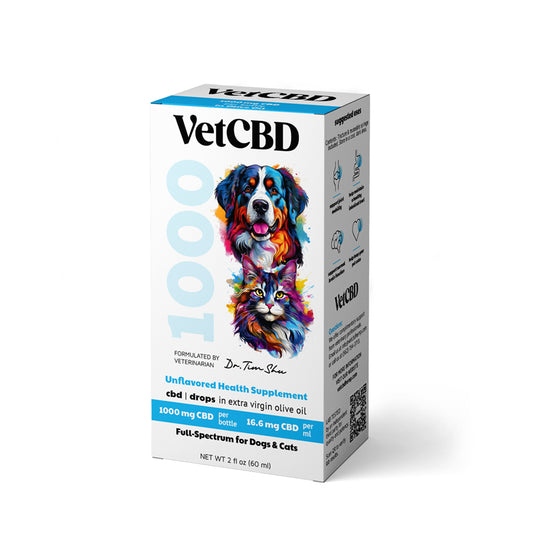 VetCBD 1000 mg unflavored Full Spectrum CBD Tincture for Dogs and Cats box.
