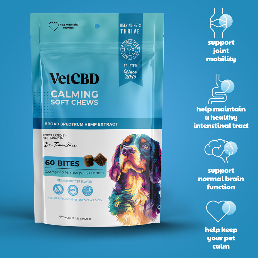support joint mobility, help maintain a healthy intestinal track, support normal brain function, help keep your pet calm. vet cbd 60 ct calming chews 300 mg bag