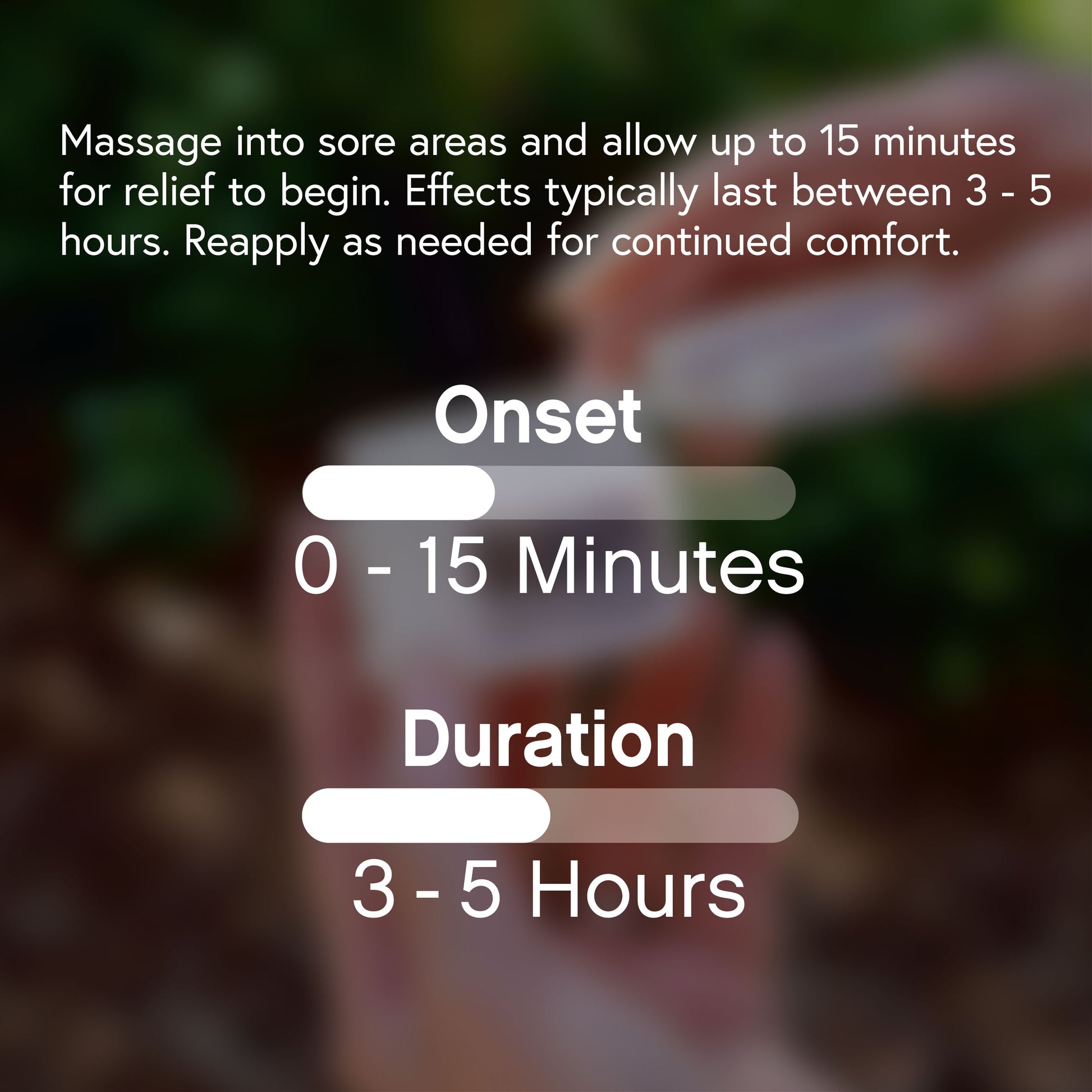 Massage into sore areas and allow up to 15 minutes for relief to begin. Effects typically last between 3-5 hours. Reapply as needed for continued comfort.