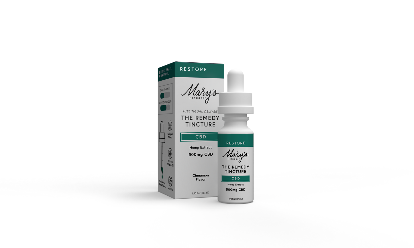 Mary's Remedy CBD Tincture white bottle with teal accents.