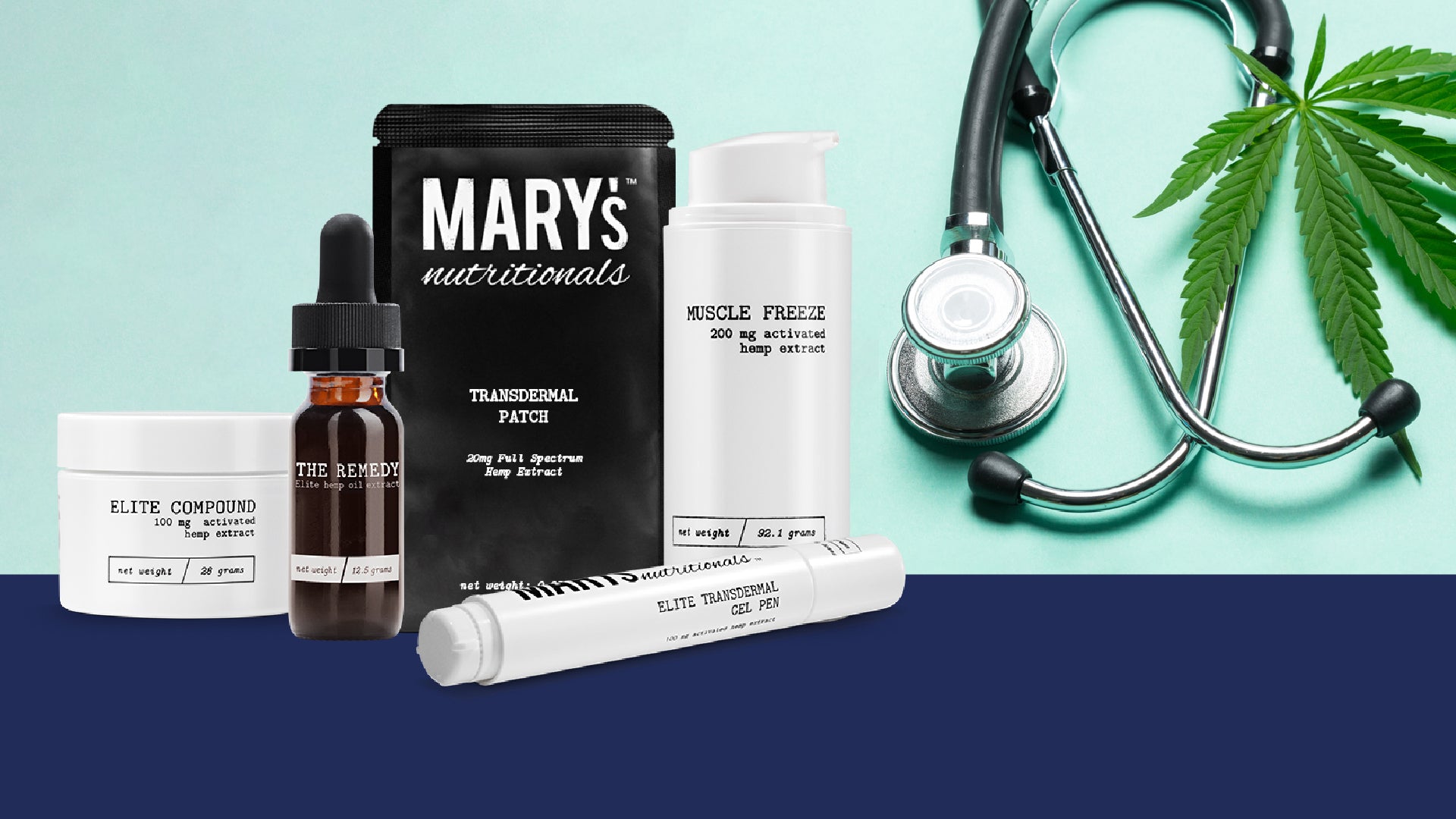 Mary's Nutrtionals Products with Stethoscope and hemp leaf.