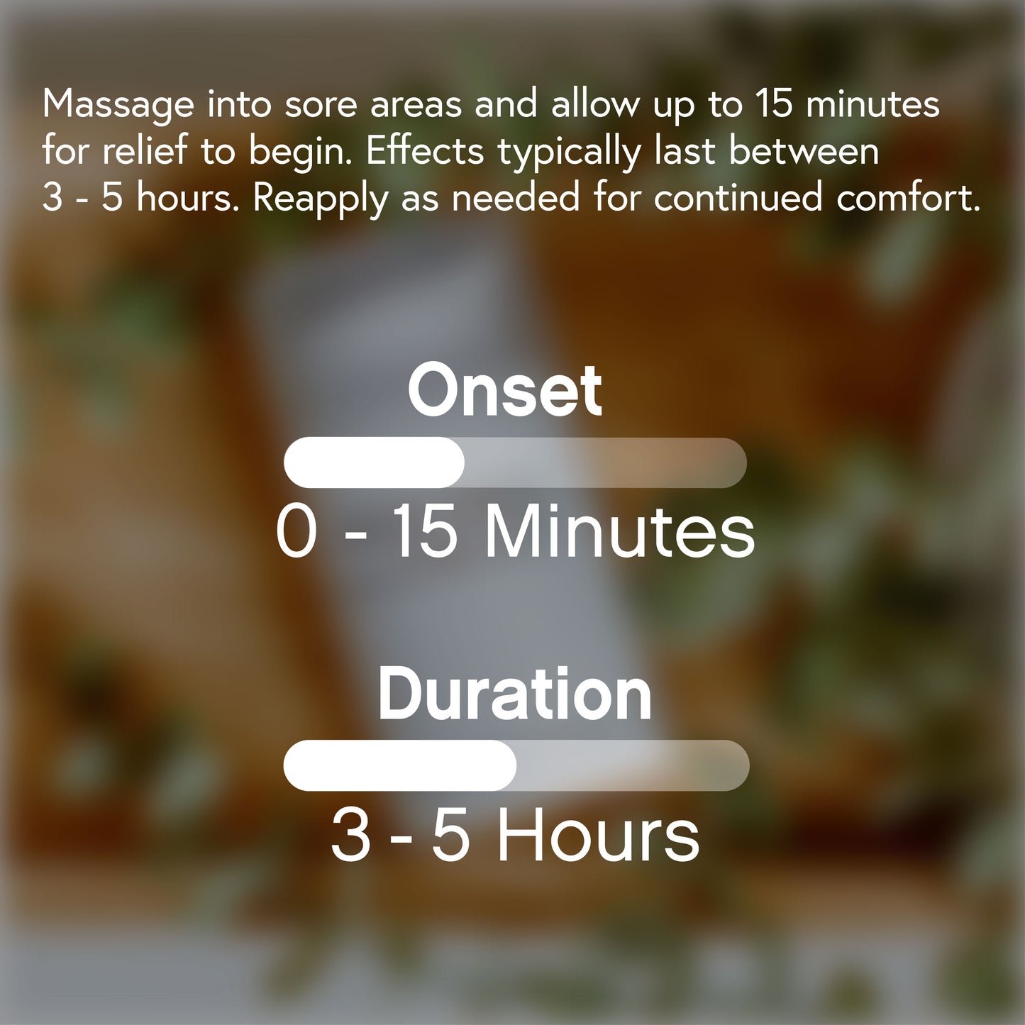 Massage into sore areas and allow up to 15 minutes for relief to begin. Effects typically last between 3-5 hours. Reapply as needed for comfort.