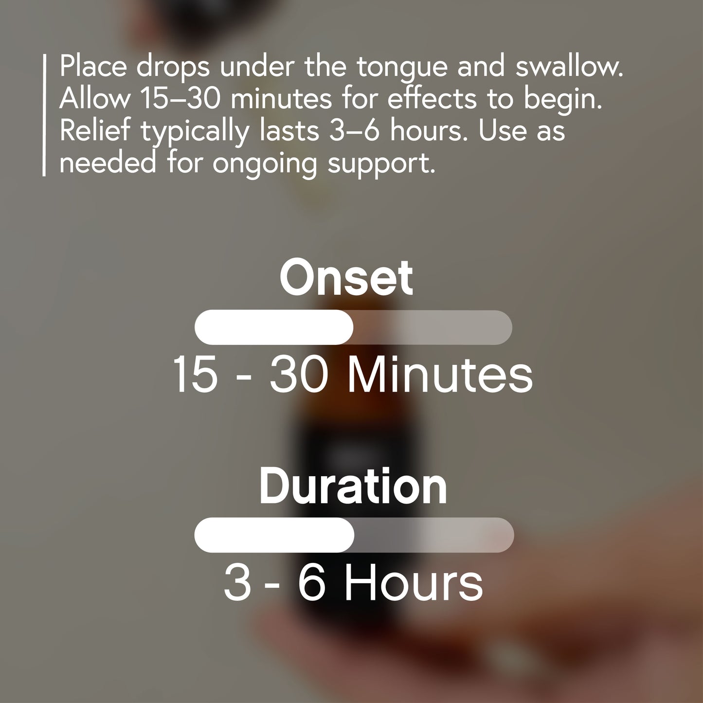 Place drops under the tongue and swallow. Allow 15-30 minutes for effects to begin. Relief typically lasts 3-6 hours. Use as needed for ongoing support.