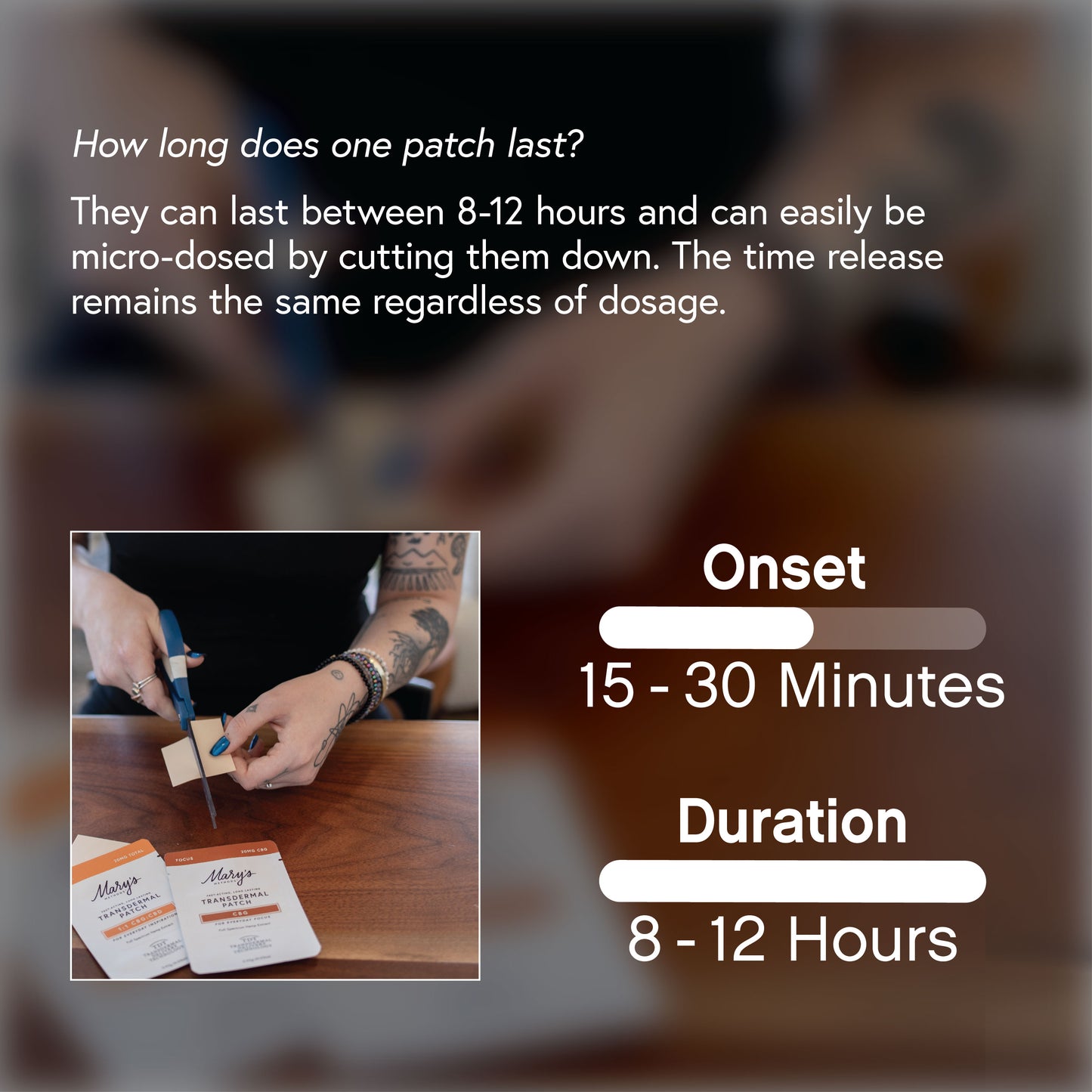 How long does one patch last? They can last between 8-12 hours and can be microdosed by cutting them down. The time release remains the same regardless of dosage.
Onset: 15-30 mins
Duration 8-12 hours