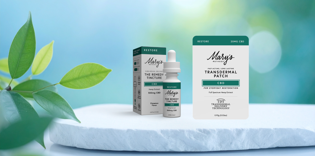 Blue sky white green plant and white pedastal with CBD Tincture and CBD Transdermal Patch