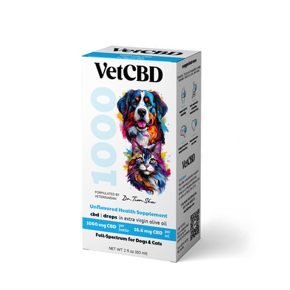 VetCBD 1000 mg unflavored Full Spectrum CBD Tincture for Dogs and Cats box.