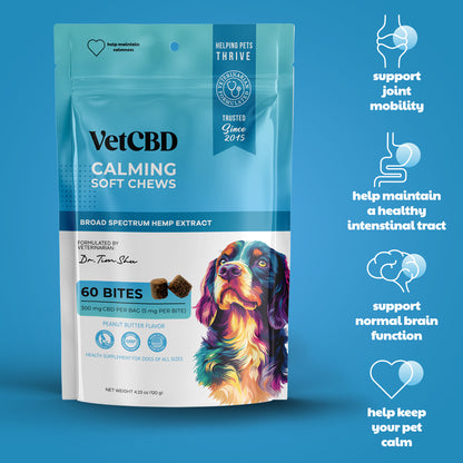support joint mobility, help maintain a healthy intestinal track, support normal brain function, help keep your pet calm. vet cbd 60 ct calming chews 300 mg bag