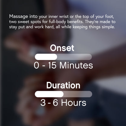 Massage into your inner wrist or top of your foot, two sweet spots for full-body benefits. They're made to stay put and work hard, all while keeping things simple. Onset 0-15 mins, Duration 3-6 hours 