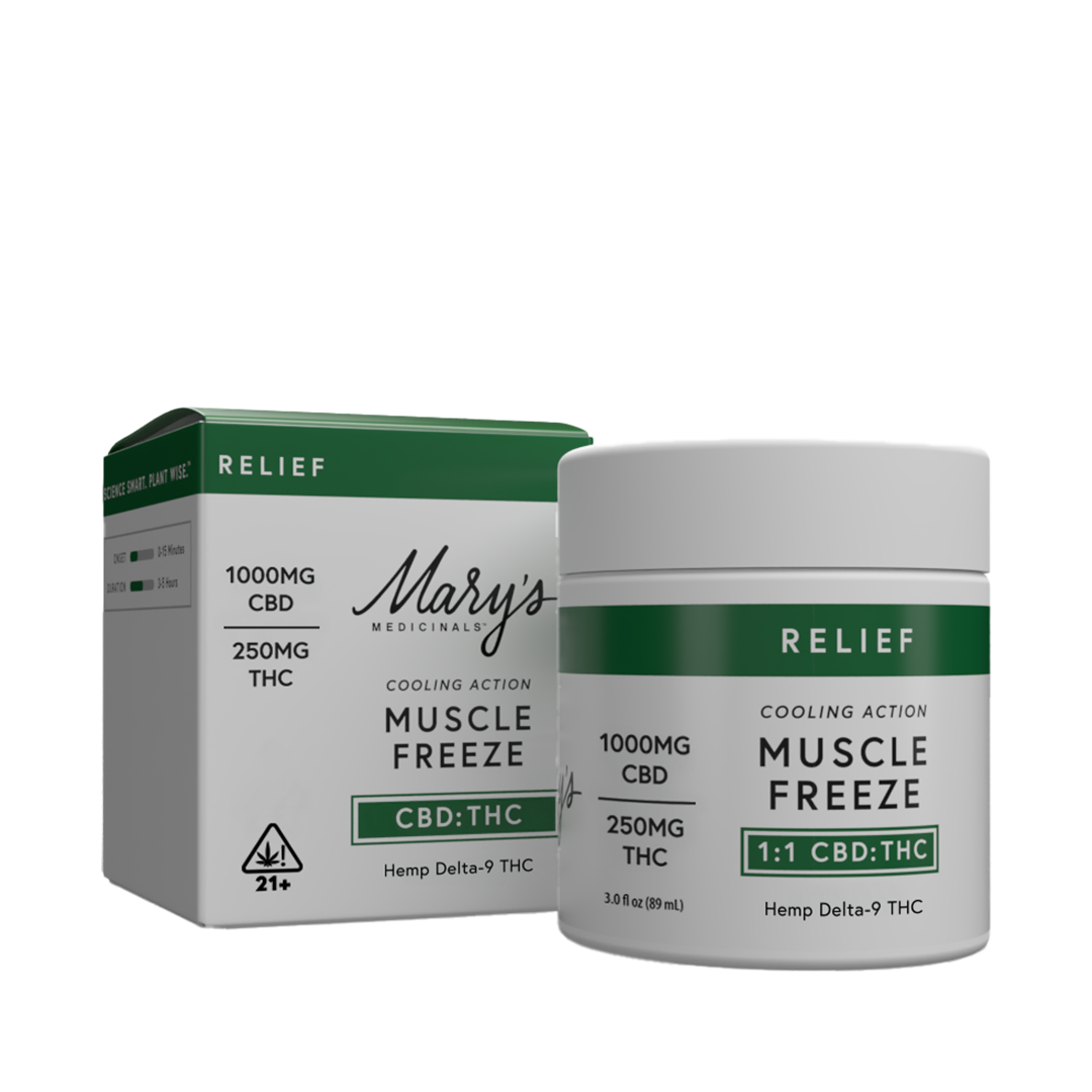 Mary's Medicinals Muscle Freeze product with packaging on a white background