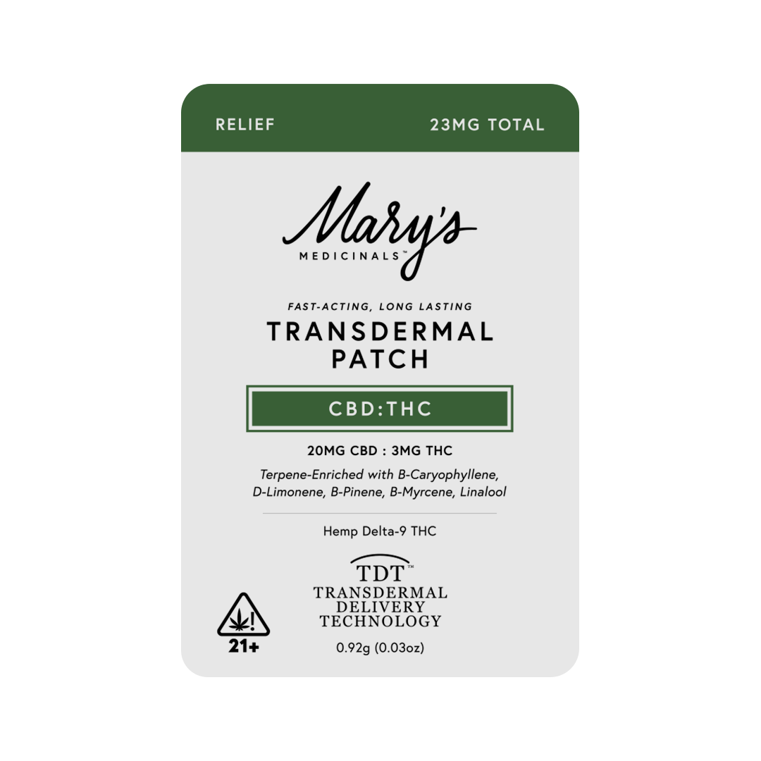 Mary's Medicinals CBD THC transdermal patch packaging on a white background