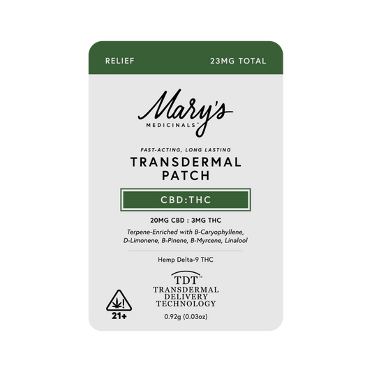 Mary's Medicinals CBD THC transdermal patch packaging on a white background