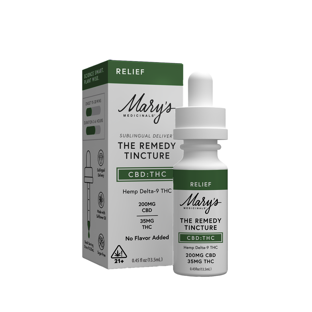 Mary's Medicinals CBD:THC remedy tincture bottle and packaging on a white background