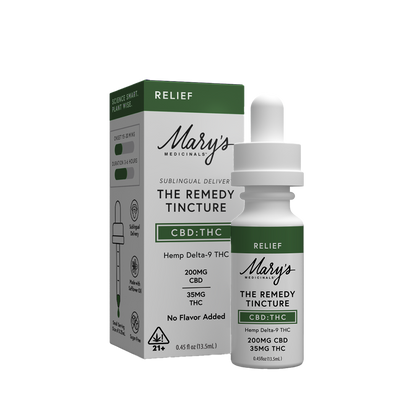 Mary's Medicinals CBD:THC remedy tincture bottle and packaging on a white background