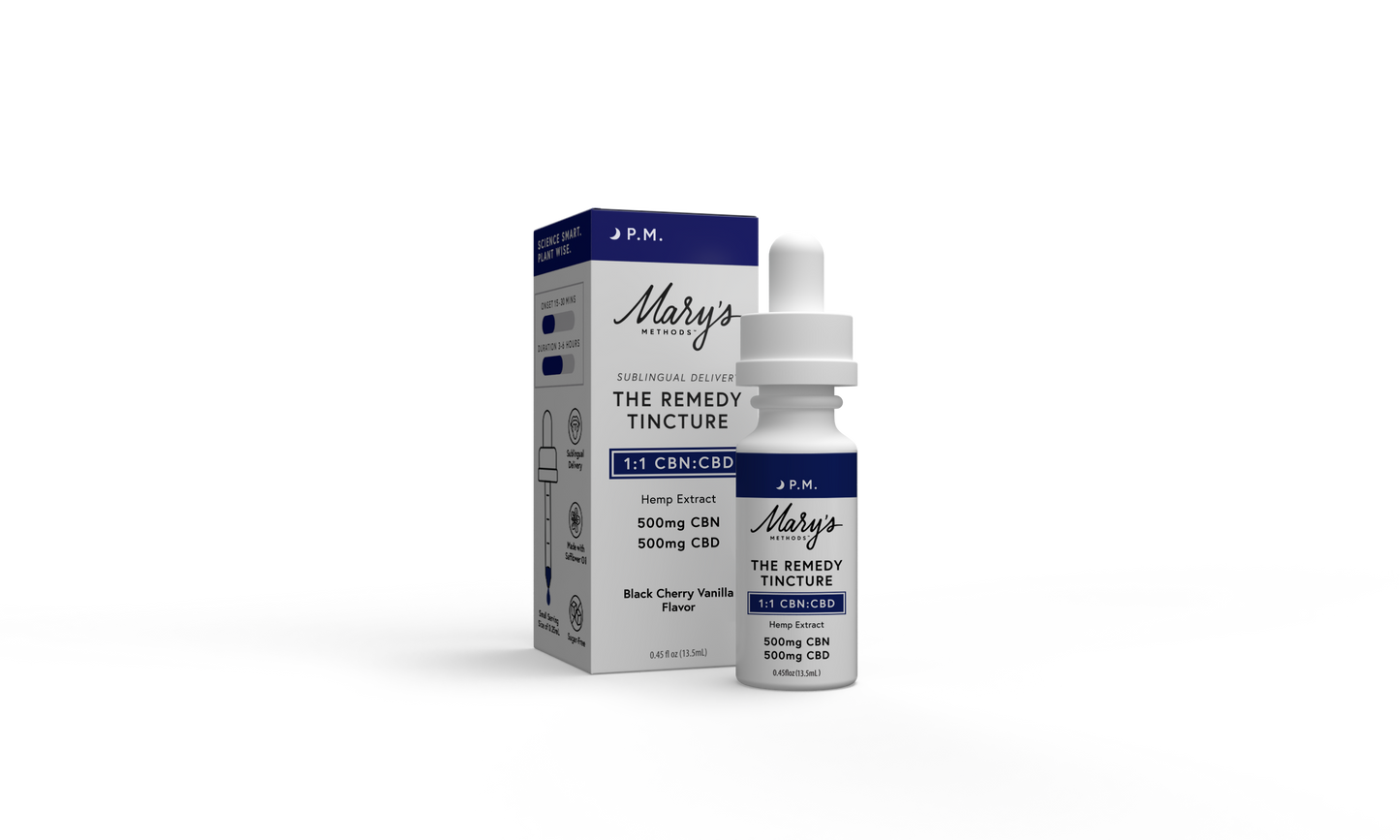 Mary's The Remedy P.M. Tincture bottle and packaging on a white background 