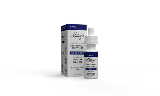 Mary's The Remedy P.M. Tincture bottle and packaging on a white background 
