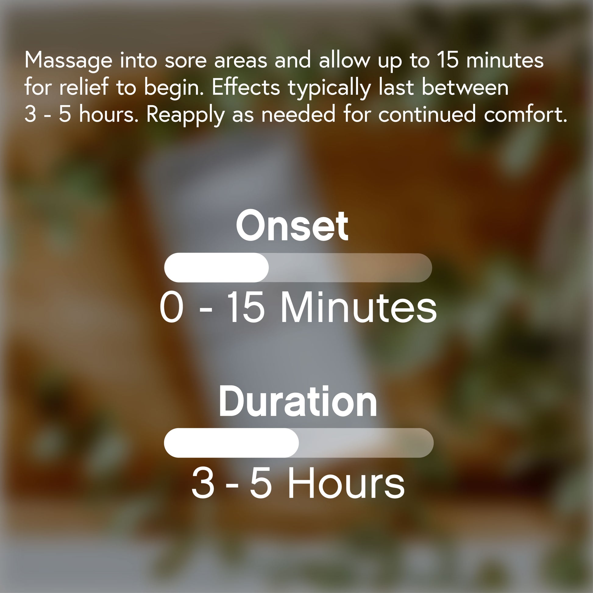 Massage into sore areas and allow up to 15 minutes for relief to begin. Effects typically last between 3-5 hours. Reapply as needed for comfort.