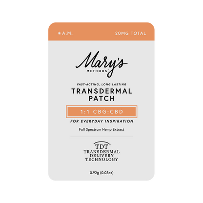 Mary's Methods A.M. CBG:CBD Transdermal Patch 20 mg total. Orange and white packaging.