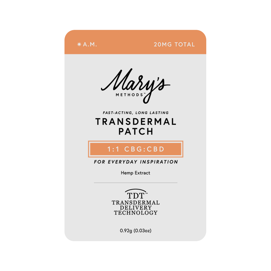 A Mary's Methods Transdermal Patch package for 1:1 CBG:CBD, featuring a light gray and orange design with black text, on a solid white background.