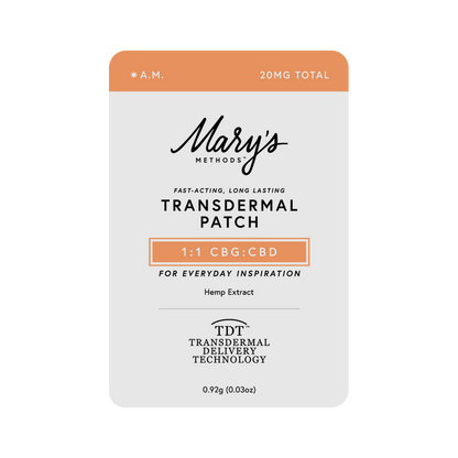 A Mary's Methods Transdermal Patch package for 1:1 CBG:CBD, featuring a light gray and orange design with black text, on a solid white background.