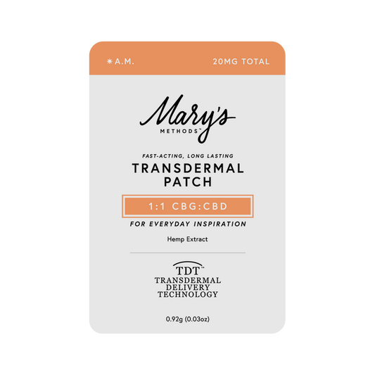A Mary's Methods Transdermal Patch package for 1:1 CBG:CBD, featuring a light gray and orange design with black text, on a solid white background.