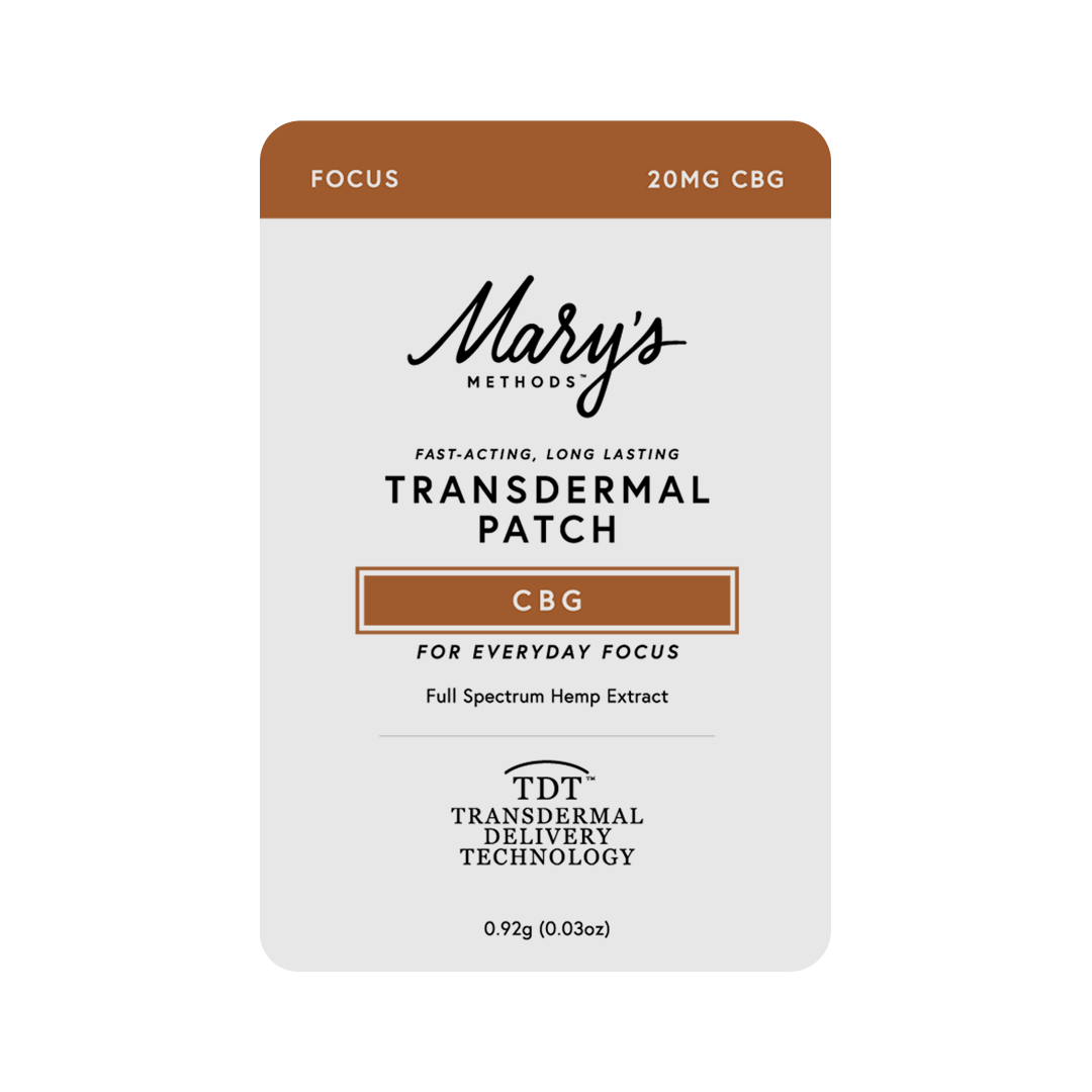 A rectangular Mary's Methods Transdermal Patch package labeled 'Focus' and '20MG CBG' on a plain white background.