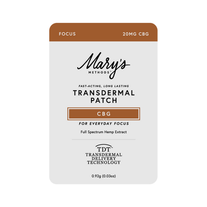 A rectangular Mary's Methods Transdermal Patch package labeled 'Focus' and '20MG CBG' on a plain white background.