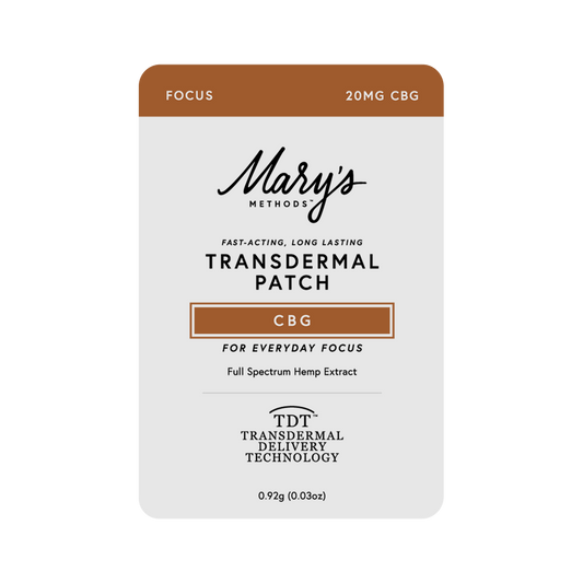 A rectangular Mary's Methods Transdermal Patch package labeled 'Focus' and '20MG CBG' on a plain white background.