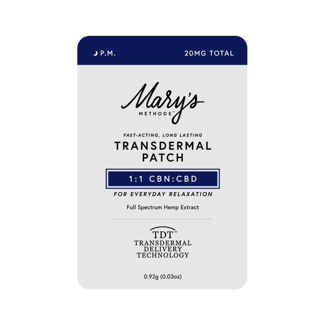 Mary's Methods P.M. CBN:CBD Transdermal Patch 20 mg total. Navy blue and white packaging.