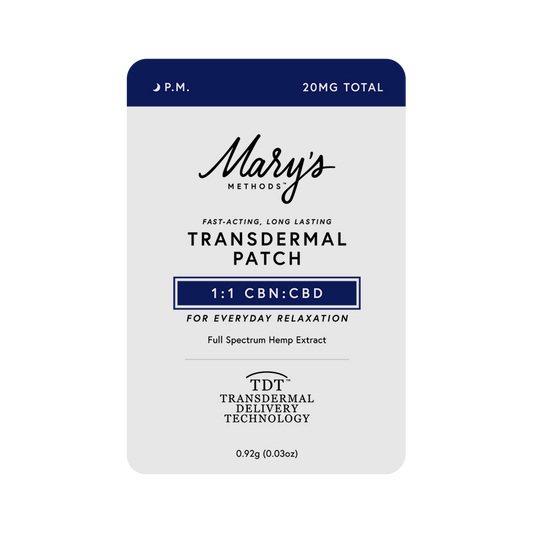 Mary's Methods P.M. CBN:CBD Transdermal Patch 20 mg total. Navy blue and white packaging.