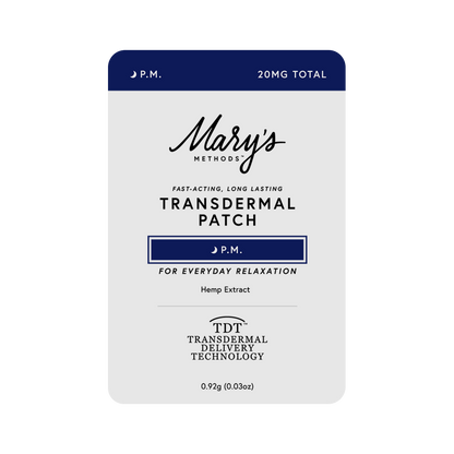 A single Mary's Methods Transdermal Patch package for P.M.