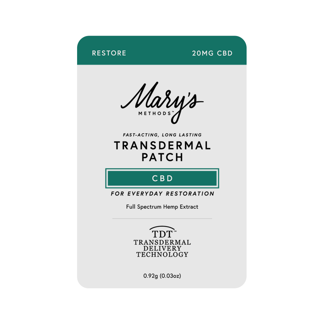 Mary's Methods Restore CBD Transdermal Patch 20 mg CBD teal and white packaging