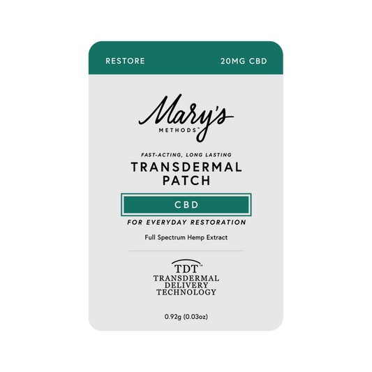 Mary's Methods Restore CBD Transdermal Patch 20 mg CBD teal and white packaging