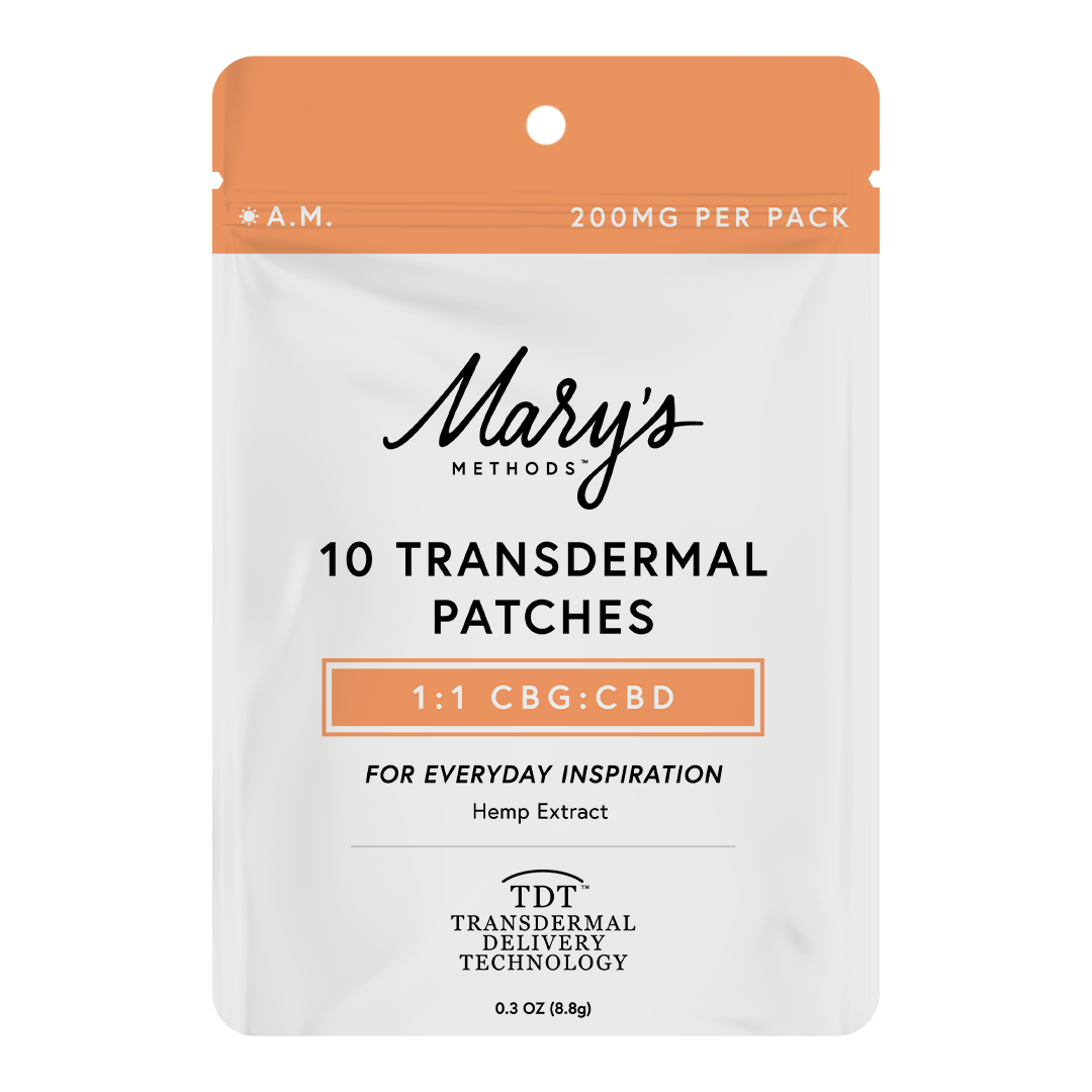 A stand-up pouch package for Mary's Methods 10 Transdermal Patches, 1:1 CBG:CBD ratio, featuring a white body with an orange top seal and orange accent blocks, on a plain white background.
