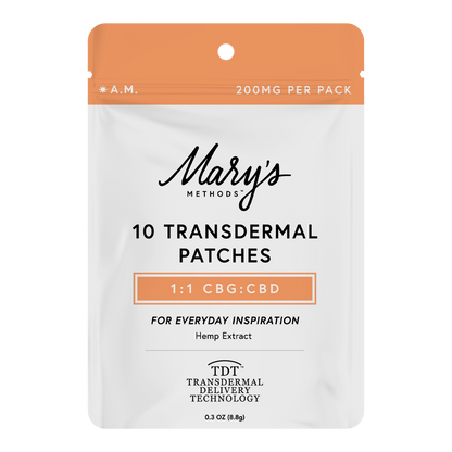 A stand-up pouch package for Mary's Methods 10 Transdermal Patches, 1:1 CBG:CBD ratio, featuring a white body with an orange top seal and orange accent blocks, on a plain white background.
