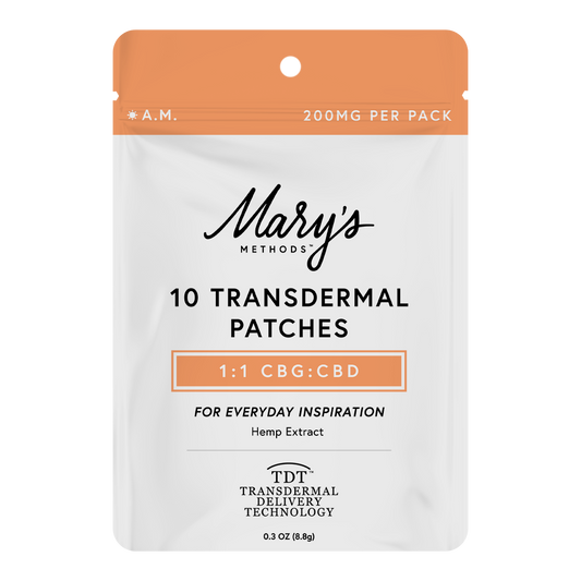 A stand-up pouch package for Mary's Methods 10 Transdermal Patches, 1:1 CBG:CBD ratio, featuring a white body with an orange top seal and orange accent blocks, on a plain white background.