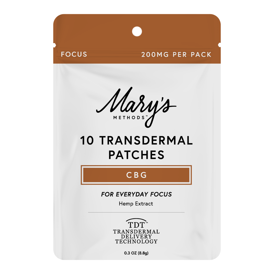 A stand-up pouch package for Mary's Methods CBG transdermal patches, with a white body, brown top panel, and black text reading '10 Transdermal Patches' and 'CBG'.