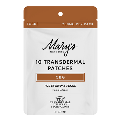 A stand-up pouch package for Mary's Methods CBG transdermal patches, with a white body, brown top panel, and black text reading '10 Transdermal Patches' and 'CBG'.