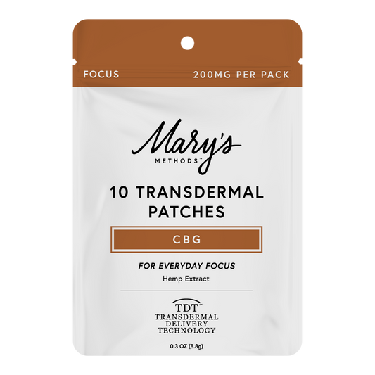 A stand-up pouch package for Mary's Methods CBG transdermal patches, with a white body, brown top panel, and black text reading '10 Transdermal Patches' and 'CBG'.