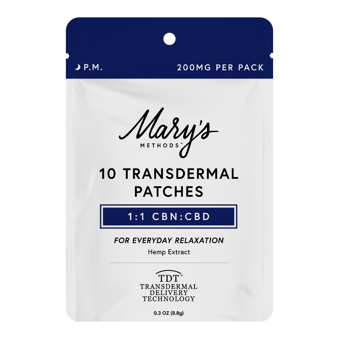 A stand-up pouch package for Mary's Methods 10 Transdermal Patches, featuring a white body with a navy blue top section and text indicating 200mg per pack, 1:1 CBN:CBD ratio, and hemp extract.