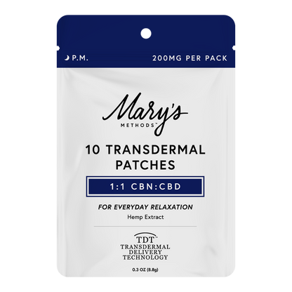 A stand-up pouch package for Mary's Methods 10 Transdermal Patches, featuring a white body with a navy blue top section and text indicating 200mg per pack, 1:1 CBN:CBD ratio, and hemp extract.