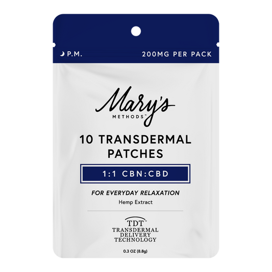 A stand-up pouch package for Mary's Methods 10 Transdermal Patches, featuring a white body with a navy blue top section and text indicating 200mg per pack, 1:1 CBN:CBD ratio, and hemp extract.