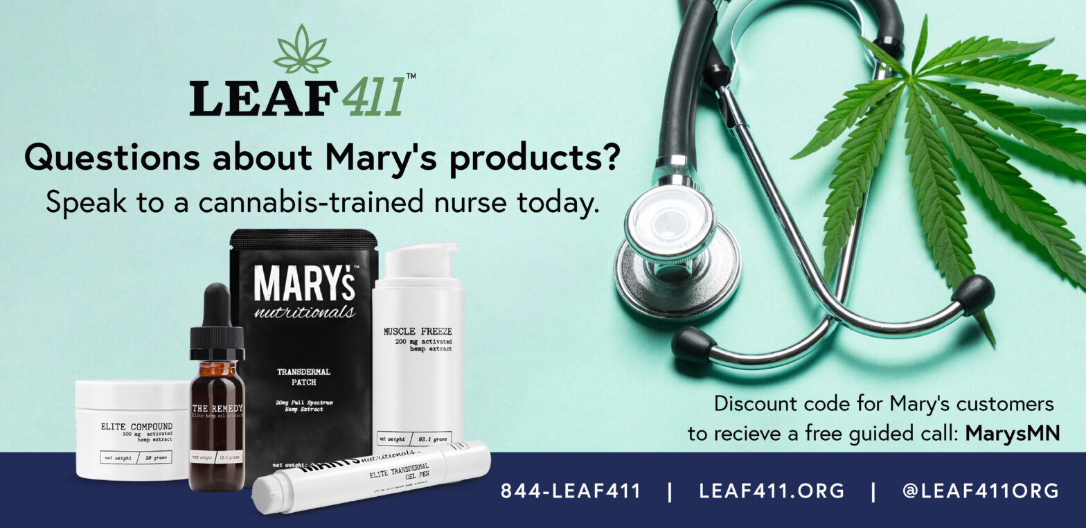 sethoscope with cannabis leaf and Leaf 411 logo with text "questions about Mary's Products? Speak to a cannabis-trained nurse today. Discount code for mary's customers to receive a free guided call: MarysMN (844)-leaf-411 leaf411.org @leaf411org